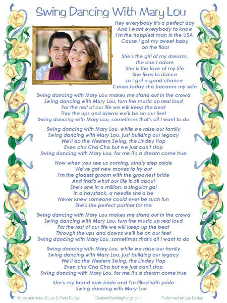 Lyric sheet, cream roses with blue ribbons, including lyrics