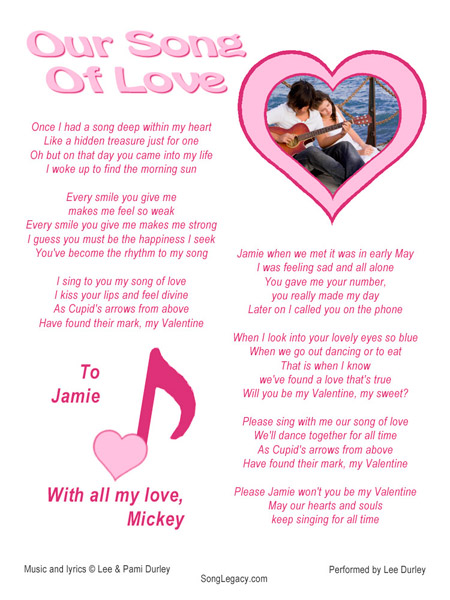 Sample romantic Valentine song lyric sheet
