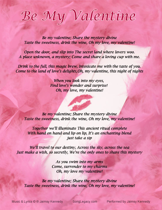 Lyric Sheet for original romantic valentine song, Be My Valentine