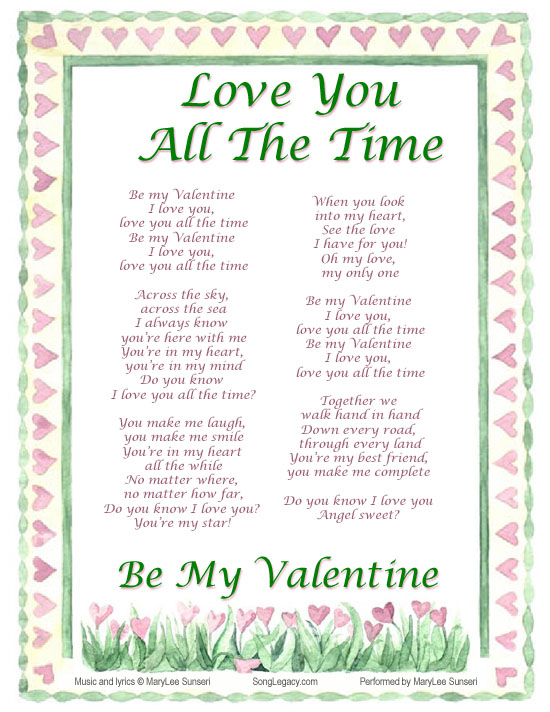 Lyric Sheet for original Valentine song Love You All The Time - Be My Valentine