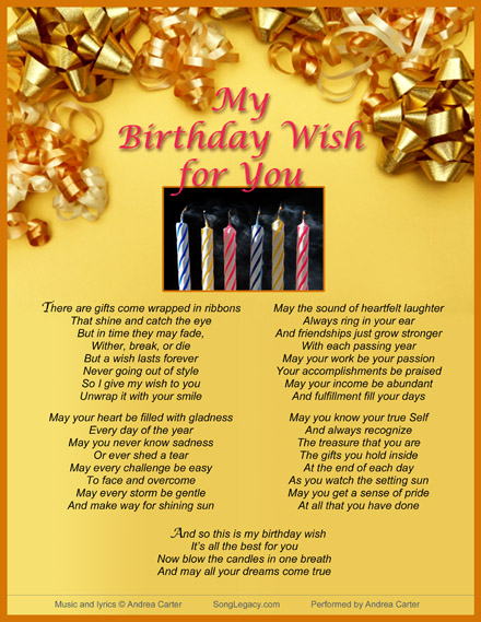 Standard Birthday Wishes Lyric Sheet