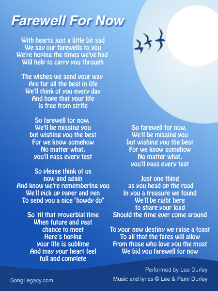 Lyric Sheet for original farewell party song by Lee Durley