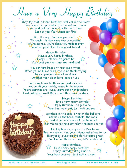 Illustrated lyric sheet for original birthday song. Have A Very Happy 