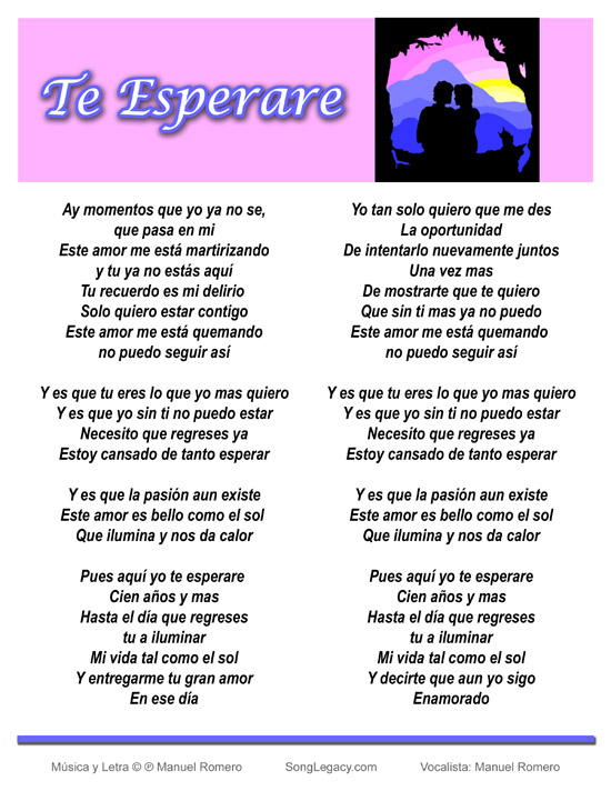 Lyric sheet for original romantic song with lyrics in Spanish