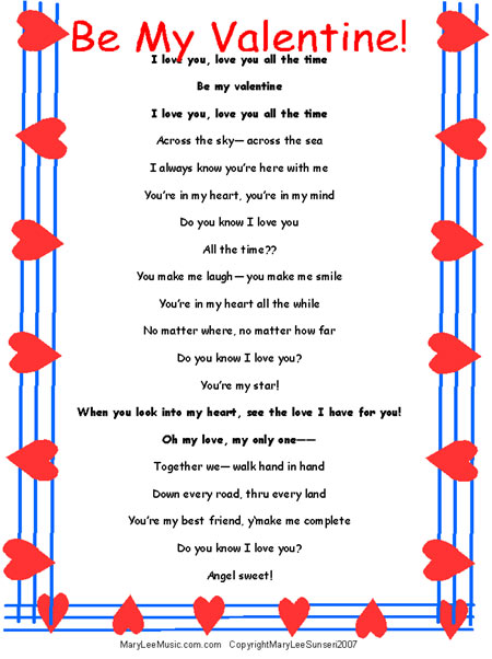 Lyric Sheet for original valentine song by Lee and PamiDurley