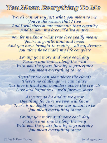 Lyric Sheet for original romantic song by Lee Durley