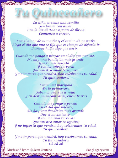 Custom Birthday Songs Sample Quinceanera Lyric Sheet