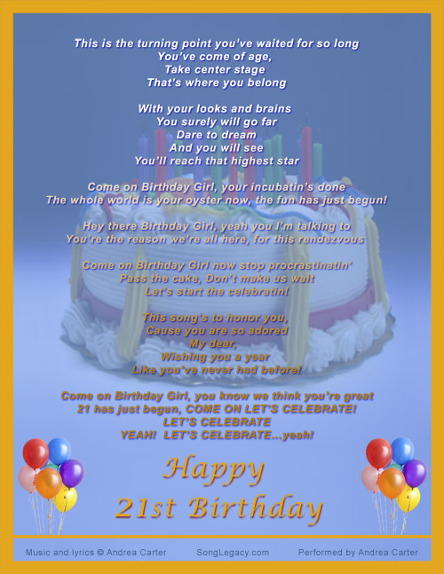 Lyric Sheet for original 21st birthday song by Andrea Carter
