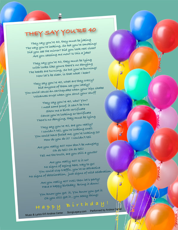 Lyric Sheet for original 40th birthday song for a woman, composed by Andrea Carter