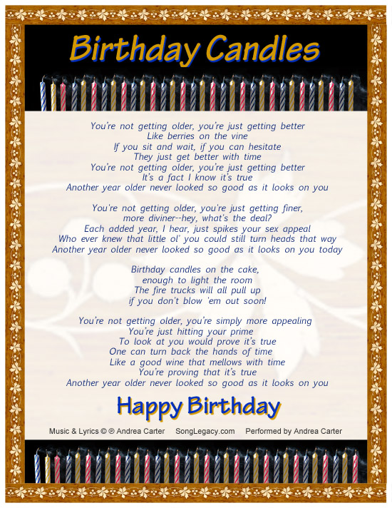 Lyric Sheet for original birthday candles song for a man or woman