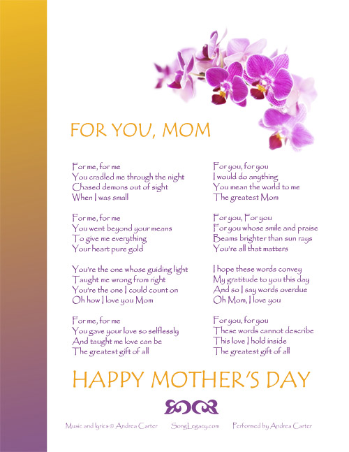 Lyric Sheet for original Mother's Day song 'For You, Mom'