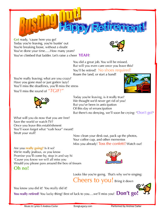 Lyrics sheet for humorous retirement song, Busting Out - Happy Retirement