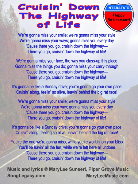 Lyric Sheet for original retirement song by MaryLee Sunseri
