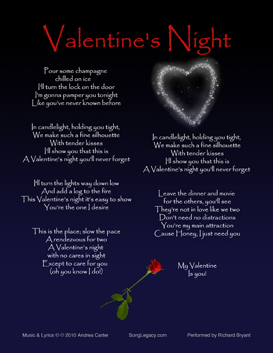 Lyric Sheet for original valentine song Valentine's Night, by Andrea Carter